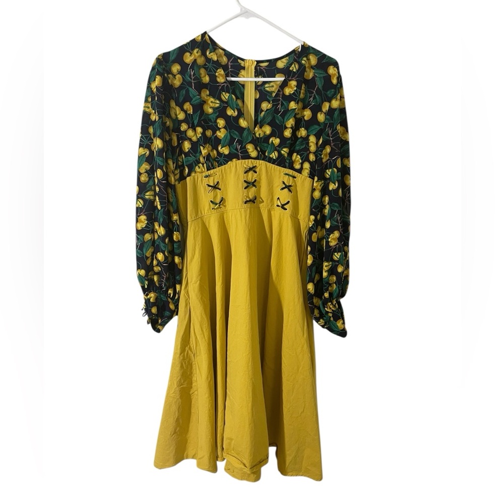 Milkmaid Dress Vintage Inspired Canary Yellow Cherries Large Cottagecore Fairy
